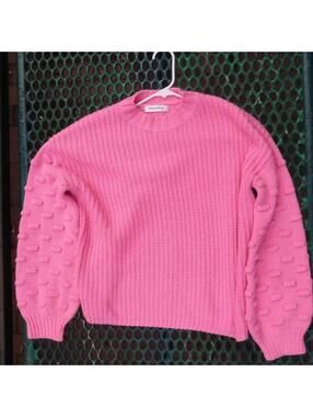 Angashion Pink Barbie Core Textured Sleeve Knit Sweater Medium